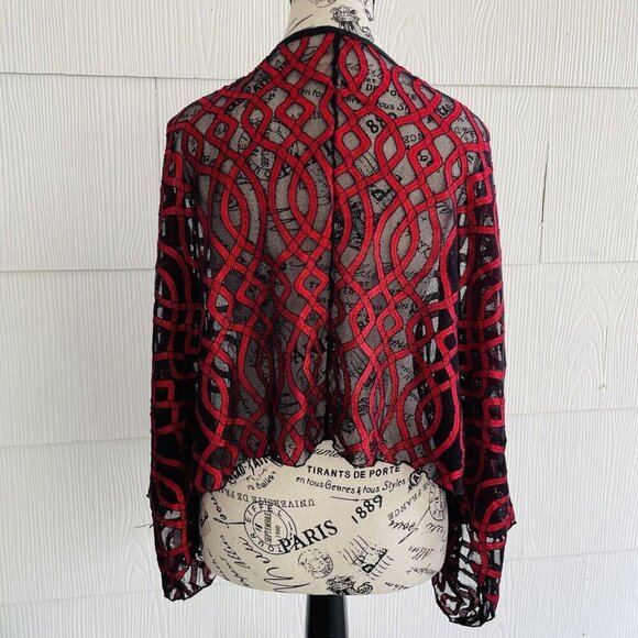 Boho Red & Black Sheer Knit Tunic Shawl Cover Sleeved - Womens Size Small (J6) - Picture 6 of 10